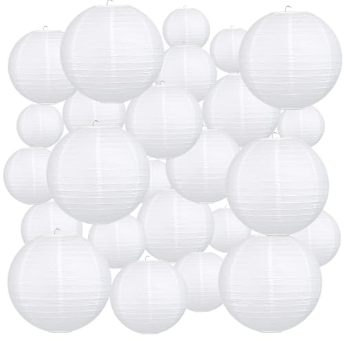 24Pcs White Paper Lanterns Assorted Sizes (6 8 10 12), Round Chinese Japanese Hanging Paper Lanterns for Home Decor, Restaurant, Church, Wedding, Birthday, Christmas, Party Decorations