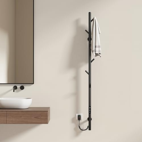 EMKE Sèche-Serviettes Électrique de Salle de Bain, Design Porte-Serviettes électrique avec Une Barre, Réglage Intelligent de la température, Porte-Serviettes Chauffant avec 6 Crochets, Noir