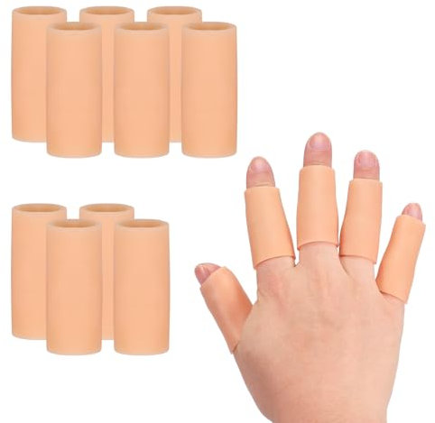 PATIKIL Finger Sleeve Protectors, 10pcs Silicone Finger Cots Cover Cap Thumb Guard Gel Finger Protection for Repair, Sports, 2x0.8 Skin Color