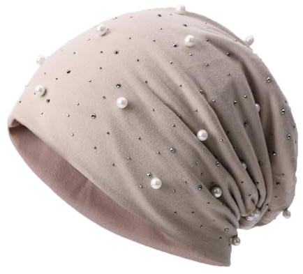 Mössa för kvinnor med pärlor och strass nitar glitter vintermössa bomullsmössor pärla kemohatt stretchig slouch lång beanie hösthatt varm huvud wrap tygmössa för kvinnor flickor utomhus, Beige,
