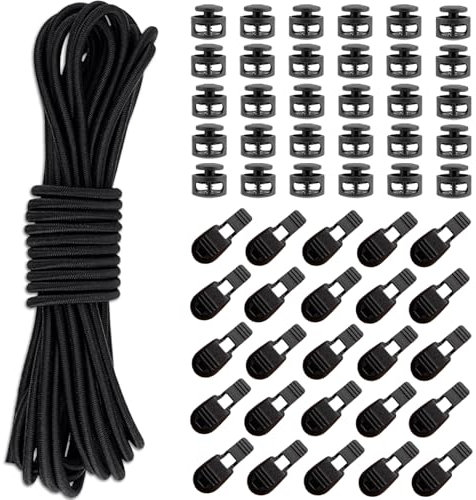 PXBSNB 3 mm x 20 m Corda Elastica Nero, Corda di Gomma Versatile e Resistente, Cordini Ricambio con 30 Clip per Cordoncino, 30 Fermacorda 2 Fori, Cavo Rotondo Antiscivolo per Sdraio Pesca Vela Sedia