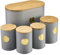 Cooks Professional 5 Piece Ribbed Tea Coffee Sugar Bread & Biscuit Cannisters with Air-Tight Bamboo Lids | Stainless Steel Kitchen Storage Bin Set | Modern & Stylish | Grey & Gold