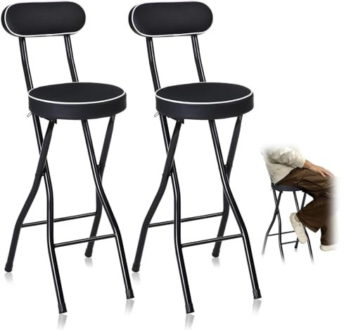 Fällbar barstol med hög rygg, set med 2 bärbara hopfällbara höga barstolar med vadderat säte för kök, frukosträknare, svart, rund barnstol (60 cm)