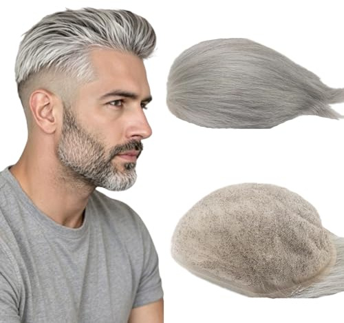 N.L.W. European Human Hair Toupee for men Full HD Swiss Lace base Mens Grey Toupee 110% Medium Density Straight Hair Pieces Prosthesis for man with large size 10 * 8 inch #1b80 color