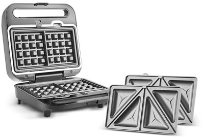 Karaca Tote 2-in-1 Sandwich Toaster & Waffle Maker with Non-Stick Plates, 1000W, Inox, Dual Function Toastie Machine, Quick Heating, Digital LED Display, Dishwasher Safe