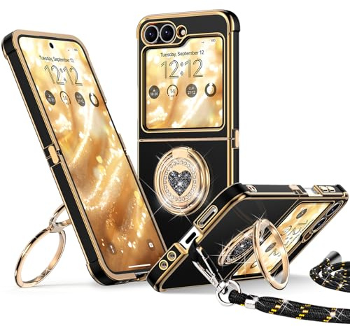 XYZ for Samsung Galaxy Z Flip 5 / Flip 6 Case with Stand, Double Ring Holder Case Heart with Lanyard for Girls Women, Luxury Cute Protective Phone Cover for Samsung Z Flip 5 / Flip 6, Black