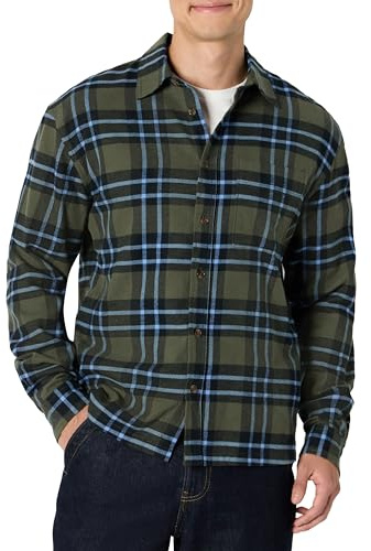 Amazon Essentials Camicia in Flanella a Maniche Lunghe, Vestibilità Rilassata Uomo, Verde Oliva Scuro Blu Plaid Semplice, L