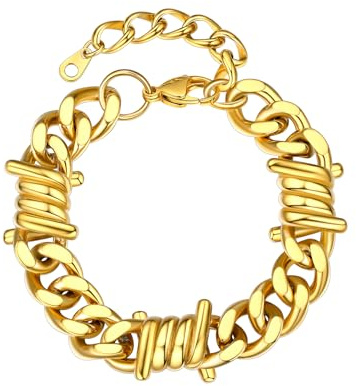 Bestyle Armband Gold Herren Edelstahl Stacheldraht 12mm Breite Armbänder kleinen Dornen Unisex kubanische Kette Punk Gothic Schmuck Armkette Verstellbare Größe 18cm+5cm