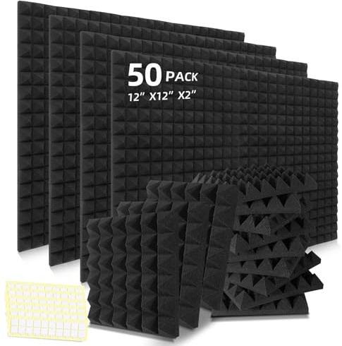 50 Pack Acoustic Foam Panels, 2 X 12 X 12 Inches Pyramid Designed Sound Proof Foam Panels for Walls, High Density and Fire Resistant Sound Panels, Studio Foam for Wall and Ceiling (Black, 50 Pack)