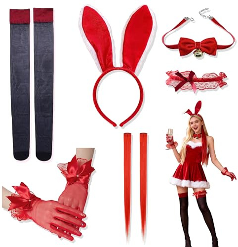 YinnFeen 7 Pièces Costume Lapin Femme, Costume Lapin Rouge Adulte, Serre-Tête Oreilles de Lapin avec Collier Gants Bas Jarretière et Extensions de Cheveux pour Femme Halloween Pâques Cosplay