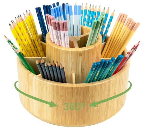 Utoplike Large Bamboo Rotating Pencil Holder, 360° Colored Pen Organizer