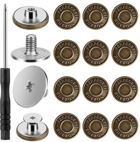 Qianyu Set di 12 bottoni regolabili per jeans, 17 mm, senza cuciture, senza unghie, bottoni in metallo rimovibili, bottoni di ricambio per jeans, combinati, contiene fili, rivetti e cacciavite