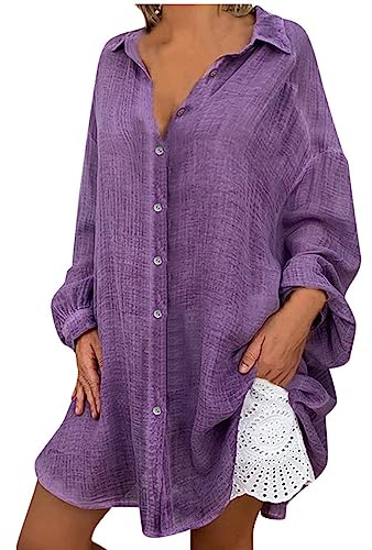 Flodxo Long T Shirts for Women UK Cotton Linen Plus Size Tops Long Sleeve Longline Summer Tops Casual Baggy Oversized Tunic Top V Neck Loose Fit Ladies Blouses Hawaii Beach Cover Up Purple 5XL