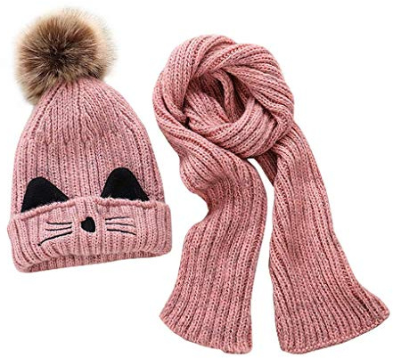 JFAN Set de Bufanda Gorro Niños Niñas Sombrero de Invierno para Niños Forro de Vellón 2-8 años Gorro de Pompón de Piel para Niños Pequeños Conjunto de Bufanda Sombreros de Punto(Rosa)