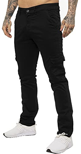 Enzo Jeans Mens Cargo Combat Trousers Chinos Slim Fit Cotton Stretch Work Pants (32W / 32L, Black)