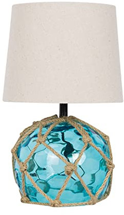 El Mercader del Mar Lámpara marinera de mesa de noche con forma de boya náutica con malla en cabo de cáñamo,Ø15cm X 30cm, con pantalla cilíndrica en color crudo E27, color Azul