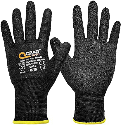 QEARSAFETY 1 Pair Black HPPE Cut 5 Protection Work Safety Gloves, Textured Grip Latex Rubber Palm Coated, Abrasion, Snug, Tough,Cut Sharp Glasses, Metal Work, Construction,DIY(Large)