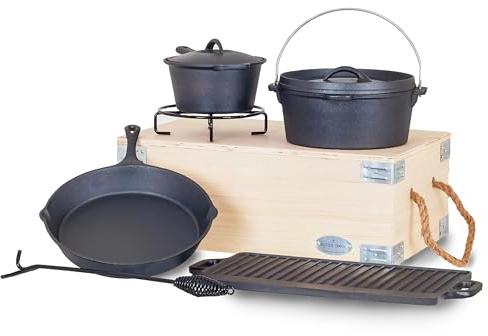 Cast Iron Cooking Set - 9 Piece - Heavy Duty Dutch Cast Iron Cooking Set Included Branded Wooden Box with Rope Handles