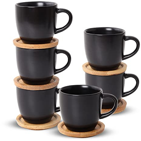 Hasense 4 OZ Espresso Cups and Saucers Set of 6, Demitasse Cups with Handle for Latte, Cappuccino, Cafe Mocha and Tea, Porcelain Coffee Cups for Coffee Bar and Party, Black
