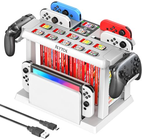 Kytok Tour Stockage, Rangement pour Nintendo Switch/OLED, Chargeur Manette Joycon Switch & Support Manette, Multifonctionnelle, Accessoires Jeux, USB