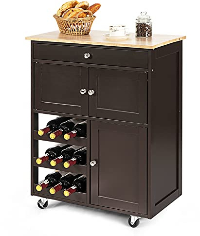 GiantexUK Kitchen Storage Trolley on Wheels, Rolling Serving Island Cart with Drawer and Wine Racks, Wooden Storage Display Cabinet for Dining Room Restaurant & Bar (Natural + Brown)