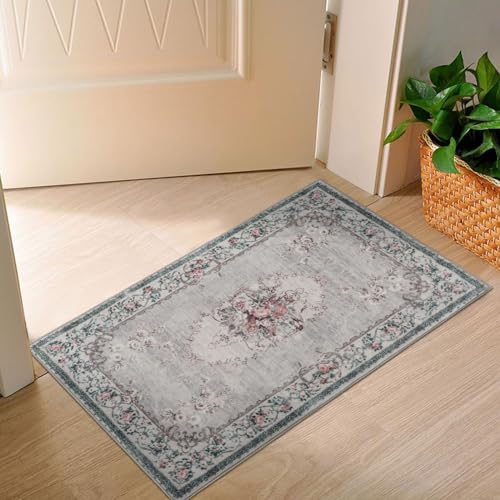 TALETA Fußmatte Innen waschbar, Fussmatte Vintage Teppich, Blumenmuster Bunte Orientteppich für Ecke, Küche, Vor dem Bett - Grau, 50 x 80 cm