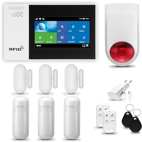HUXGO® HXA007 Alarmanlage Haus WiFi + GSM 4G mit Solar Funk Sirene | Alarmanlage Wohnung mit App. TUYA | Alarm System mit 3X Bewegungsmelder, 3X Tür- Fenstersensor| Wohnmobil Alarmanlage