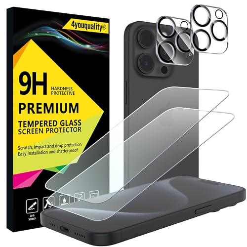 4youquality [4-i-1 skärmskydd för iPhone 15 Pro med kameralinsskydd, härdat glasfilm, 2-pack vardera, [livstidsstöd] [slagtålig] [Anti-rep] [Ultra-genomskinlig]