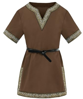 Haloumoning Tunica Medievale da Ragazzo, Magliette Cosplay per Bambini, Costume, Halloween, Rinascimentale, Vichingo, Guerriero, Top da Cavaliere, Marrone, 10-12 Anni