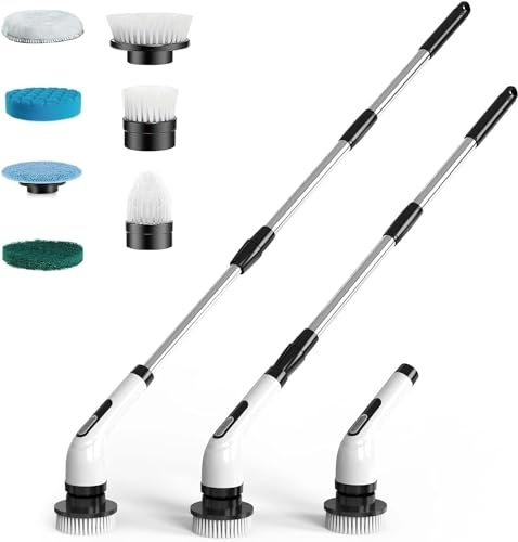 Minthouz Spazzola Rotante Pulizia Casa, Spazzola Elettrica per Pulizia con 6 Testine Sostituibili Spazzola Pulizia Doccia 2 Velocità Ricaricabile Spazzola per Pulire Doccia per Bagno, Cucina