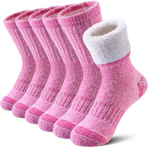 LINEMIN Kids Merino Wool Hiking Socks Boys Girls Winter Warm Thick Thermal Boot Thick Cushion Snowboarding Socks 3 Pairs (8-12 Years, Pink)