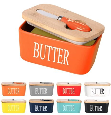 Porcelain Butter Dish, European Size Ceramic Butter Container with Wooden Lid, Butter Container with High Quality Silicone Seal, Perfect for Butter, Nuts, Cheese, 650ml (Orange)