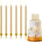 Decoraparty Juego de 12 velas doradas finas, largas, elegantes con soporte de base de plástico para tarta de cumpleaños, aniversario, fiesta – Altura 12,5 cm