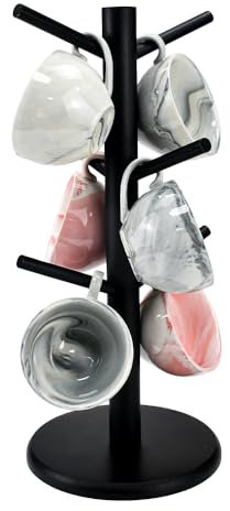 ADERTOS 6 Cup Mug Tree, Wooden Mug Tree Stand Wood Mug Rack Bamboo Cup Holder Tree Coffee Cup Holder Storage Organizer Kitchen Storage Rack with Anti-Slip Weighted Base for Coffee Tea Mugs Cups