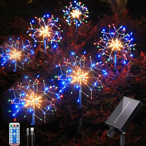 6 Paquete 900 led al aire libre tierra solar insertado luces de fuegos artificiales coloridas con telecontrol, Impermeable Solar & USB Powered Courtyard Lights, 8 modos de luz bricolaje.