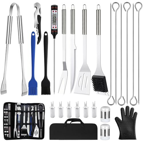 NXPZ 27Pcs Grillzubehör-Set aus Edelstahl, Professionelles Grillbesteck-Set, Grill-Zubehör, mit Aufbewahrungstasche, für Camping, Picknick, Garten, Wanderungen, Männer