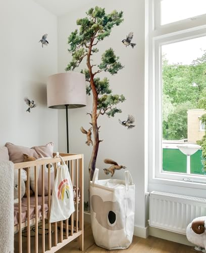 WandSticker4U®- [extra grande] Adesivi murali ALBERO realistiche (111x182 cm) I Murales adesivi da parete grandi albero e scoiattoli uccelli I Decorazioni parete soggiorno camera da letto cameretta
