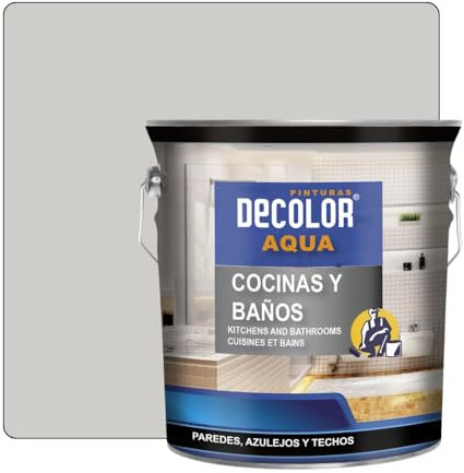 PINTURAS DECOLOR - Cocinas y Baños. Pintura Satinada al Agua para Azulejos, Paredes y Techos.(GRIS MEDIO) 750ml