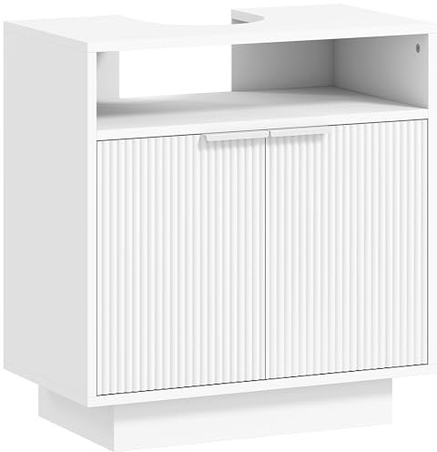 HOMCOM Mueble bajo Lavabo Mueble de Baño con 2 Puertas Acanaladas y Compartimento Abierto Armario de Baño para Lavabo sin Pedestal Estilo Moderno 60x33x63 cm Blanco