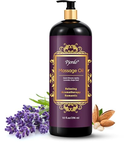 Pjordo Aromatherapy Lavender Massage Oil for Skin, 296ml Relaxing Body Massages Oil for Massage Therapy, with Grape Seed, Sweet Almond & Jojoba, Spa Quality Oils for Soothing, Calming