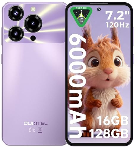 OUKITEL C69 Smartphone Android 15-7.2 HD+ 120Hz Schermo, 64MP+8MP Camera 6000mAh Telefono Cellulare, 16GB RAM+128GB ROM(TF 1TB) Cellulare 4G, Dual SIM Telefono/Face ID/Impronta digitale/OTG,Viola