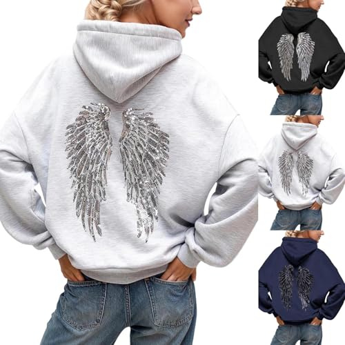 DhogSuai Sweat à Capuche Femme Pull Ange Paillettes Hoodie Oversized Motif Ailes Casual Chic Femme Sweat-Shirt à Manches Longues Hiver Chaud Décontracté Streetwear Sport Vêtements (01-Grey, XS)