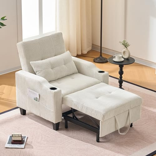 YUUIJOAA Convertible Sleeper Chair, 3 in 1 Sleeper Chair Bed Pull Out Sofa Bed Chair, Corduroy Single Sofa Bed Adjustable Backrest Chair Bed Sleeper for Adults Reading Living Room,Beige