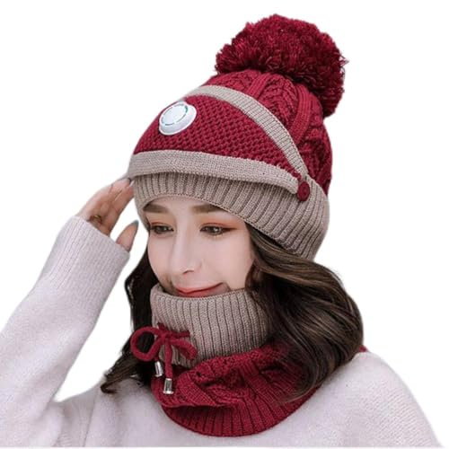 ANGGREK 3 i 1 Vinterstickad Scarf Face Cover Set, Vindtät Fleecefodrad Hatt Scarf och Face Cover för Kvinnor Flickor Cykling Skidåkning