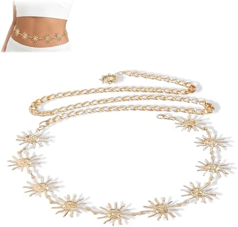 BCHMN Ceinture Femme Dorée Chaine de Taille en Métal avec Motif Soleil, Ceinture Chaine Réglable Élégante pour Robe, Jeans et Jupe, Accessoire Bijoux Tendance pour Femme