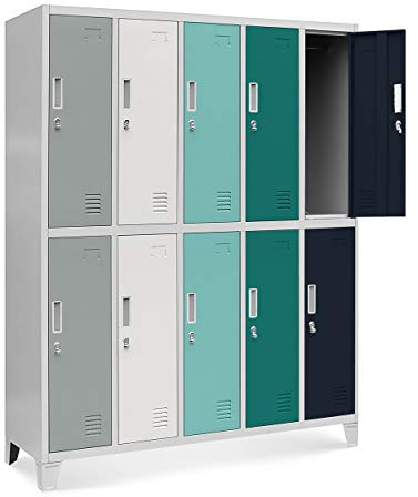 Jan Nowak Umkleideschrank 5B2A Spind Spint Schließfachschrank Metallschrank mit 10 Fächern Etikettenhalter Lüftungsschlitze Metall Pulverbeschichtet 172 cm x 136 cm x 45 cm (H x B x T) (Mehrfarbig)