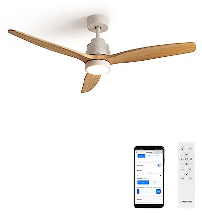 CREATE / WINDSTYLANCE DC/Ventilador de techo con luz blanco aspas madera natural con Wifi y mando / 40W, Silencioso, Ø132 cm, 6 velocidades, temporizador, verano-invierno, doble altura, motor DC