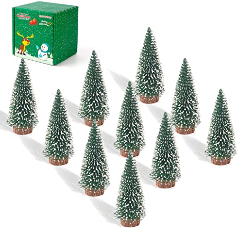Small Christmas Tree,Mini Christmas Tree Mini Pine Tree, Bottle Brush Fake Trees with Wooden Base for Tabletop Decorative (Plant Green 4inch 10pcs)
