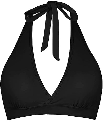 Women's Supportive Halter Bikini Padded Push Up Ruched Bust Hook Back Swimsuit Bathing Suit Tops Only Black
