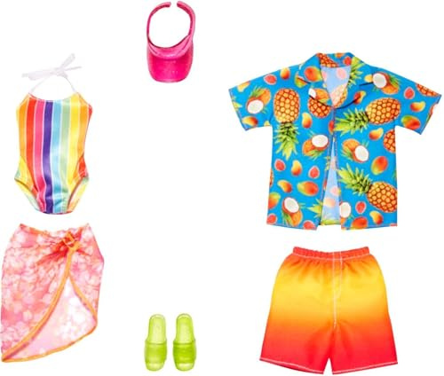 Barbie & Ken Fashions 2-Pack Clothing & Accessories Set, 1 Swimsuit, Sarong & Visor for Barbie Doll & 1 Tropical Shirt, Swimsuit & Shoes for Ken Doll